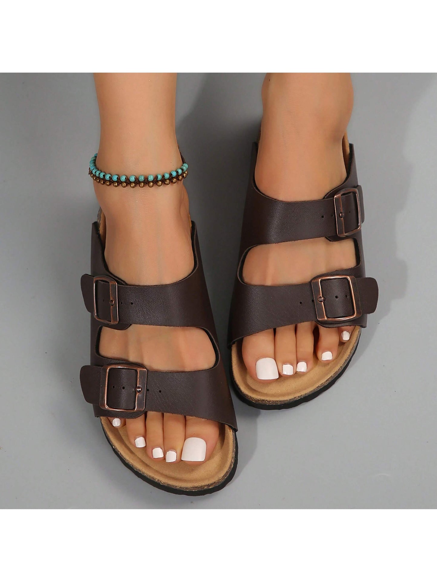 Women's Cork Footbed Slippers Adjustable Buckle Slippers Non-Slip Soft Flat Open Toe Sandals