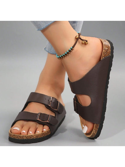 Women's Cork Footbed Slippers Adjustable Buckle Slippers Non-Slip Soft Flat Open Toe Sandals