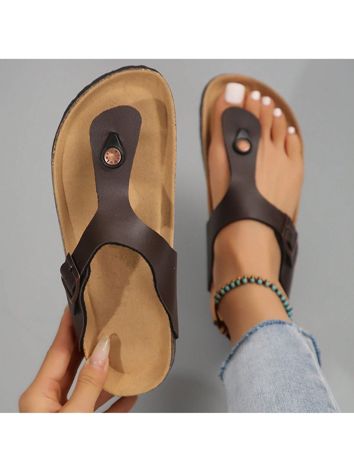 Women's Cork Shoes, Flip-Flops, Sandals, Beach Slippers, Laces, Adjustable Metal Buckles