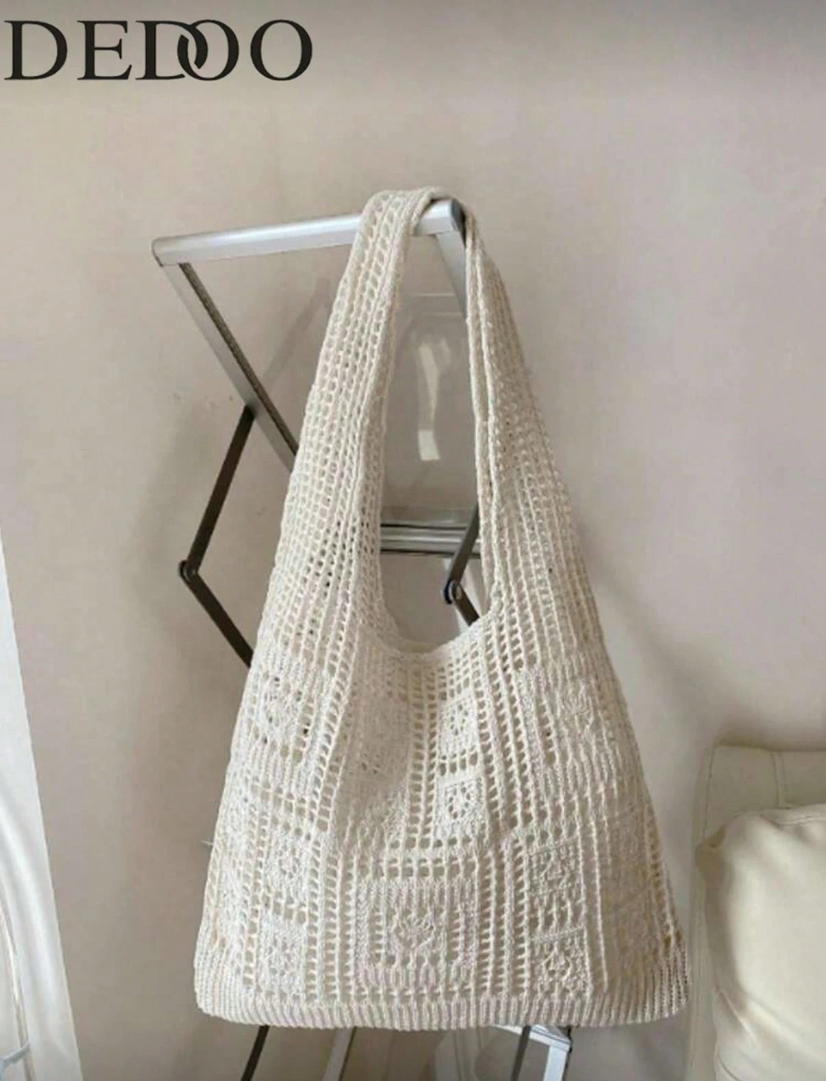 Women's Crocheted Tote Bag, Hollow Solid Color, Vacation Style For Going Out Shopping., Crochet