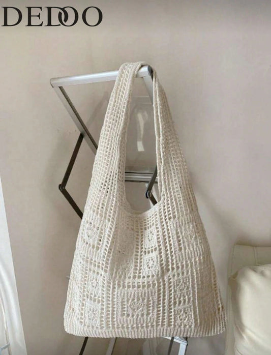 Women's Crocheted Tote Bag, Hollow Solid Color, Vacation Style For Going Out Shopping., Crochet