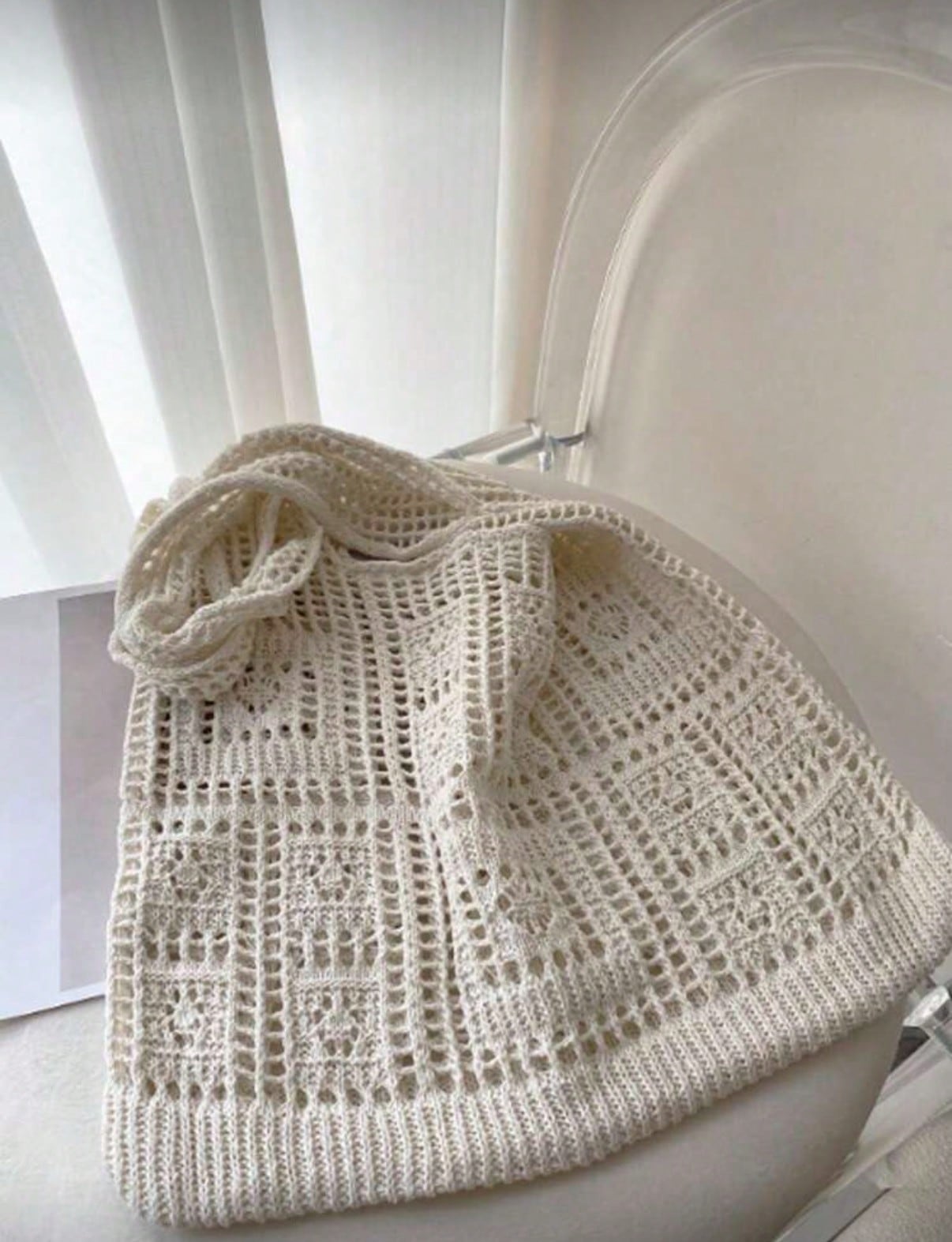Women's Crocheted Tote Bag, Hollow Solid Color, Vacation Style For Going Out Shopping., Crochet