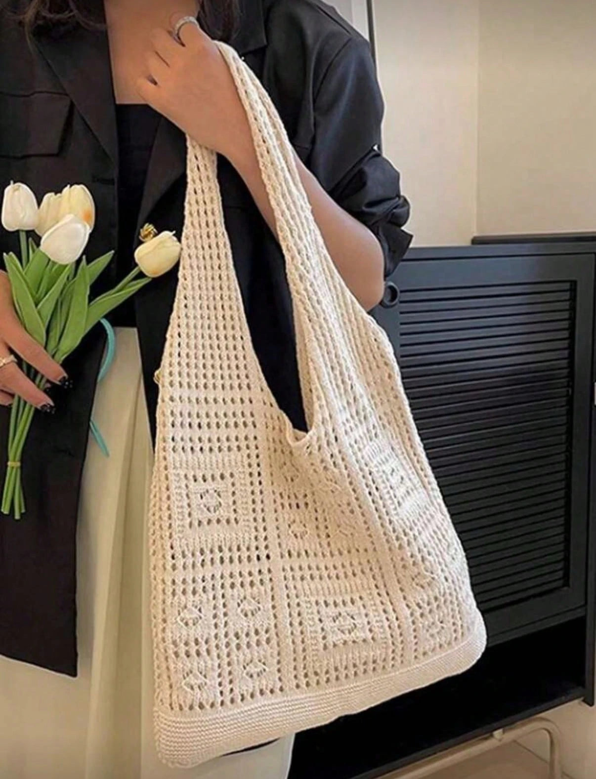 Women's Crocheted Tote Bag, Hollow Solid Color, Vacation Style For Going Out Shopping., Crochet