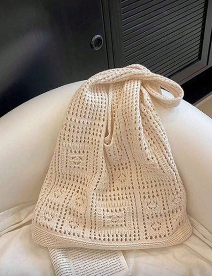 Women's Crocheted Tote Bag, Hollow Solid Color, Vacation Style For Going Out Shopping., Crochet