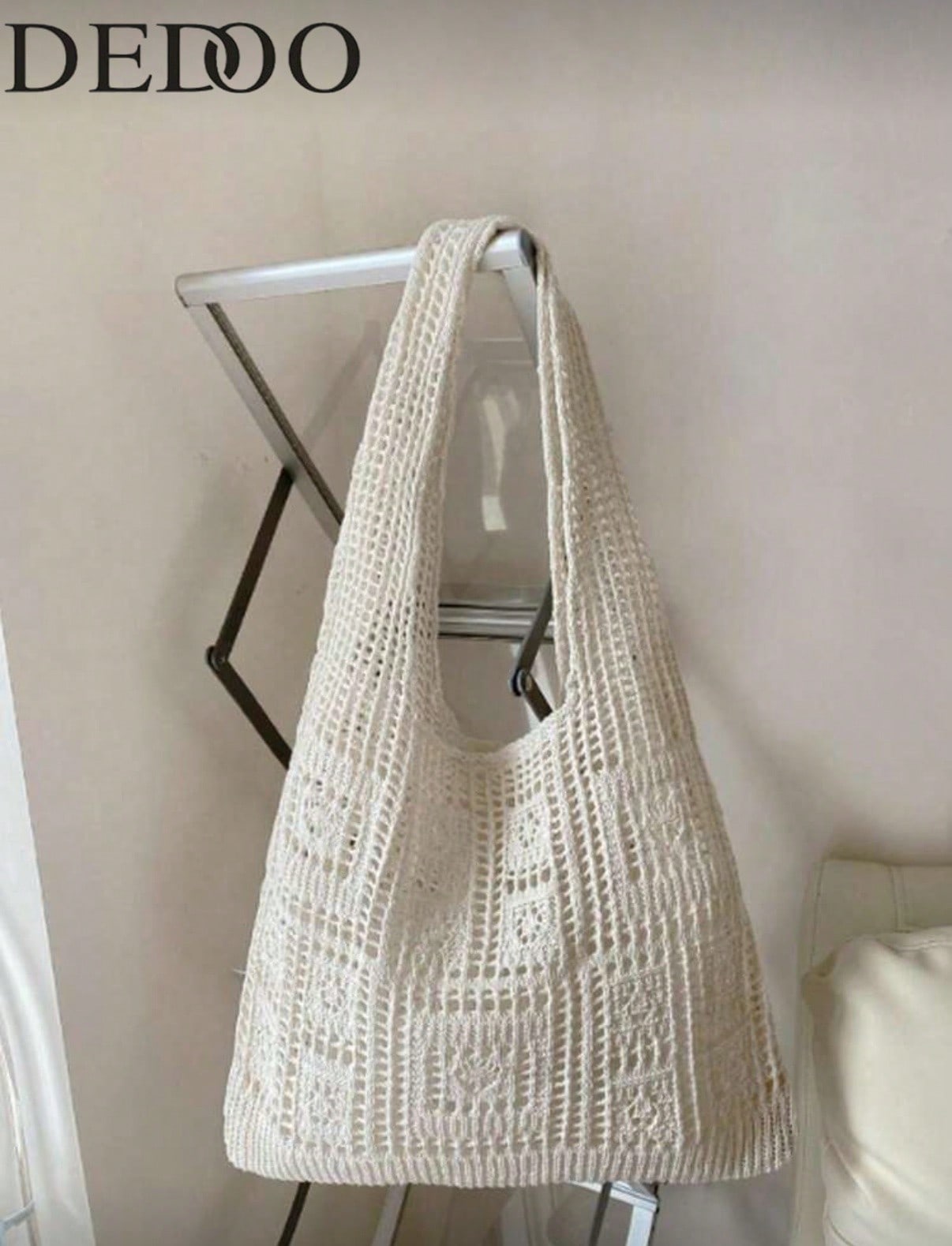 Women's Crocheted Tote Bag, Hollow Solid Color, Vacation Style For Going Out Shopping., Crochet