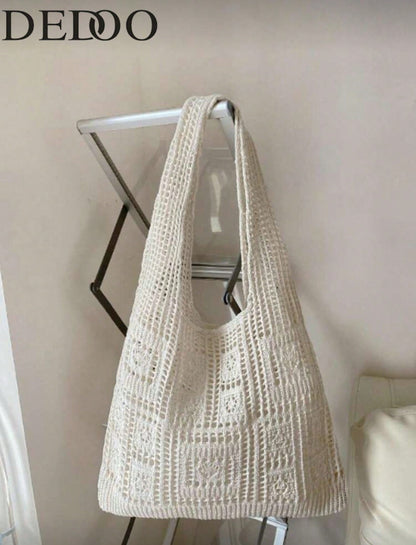 Women's Crocheted Tote Bag, Hollow Solid Color, Vacation Style For Going Out Shopping., Crochet