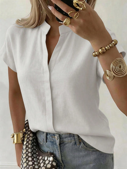 Women's Elegant Beige Linen Blend Stand Collar Blouse,V-Neck Batwing Half Sleeve Office Work Top,All White Summer Effortless Chic Loose Fit Blouse