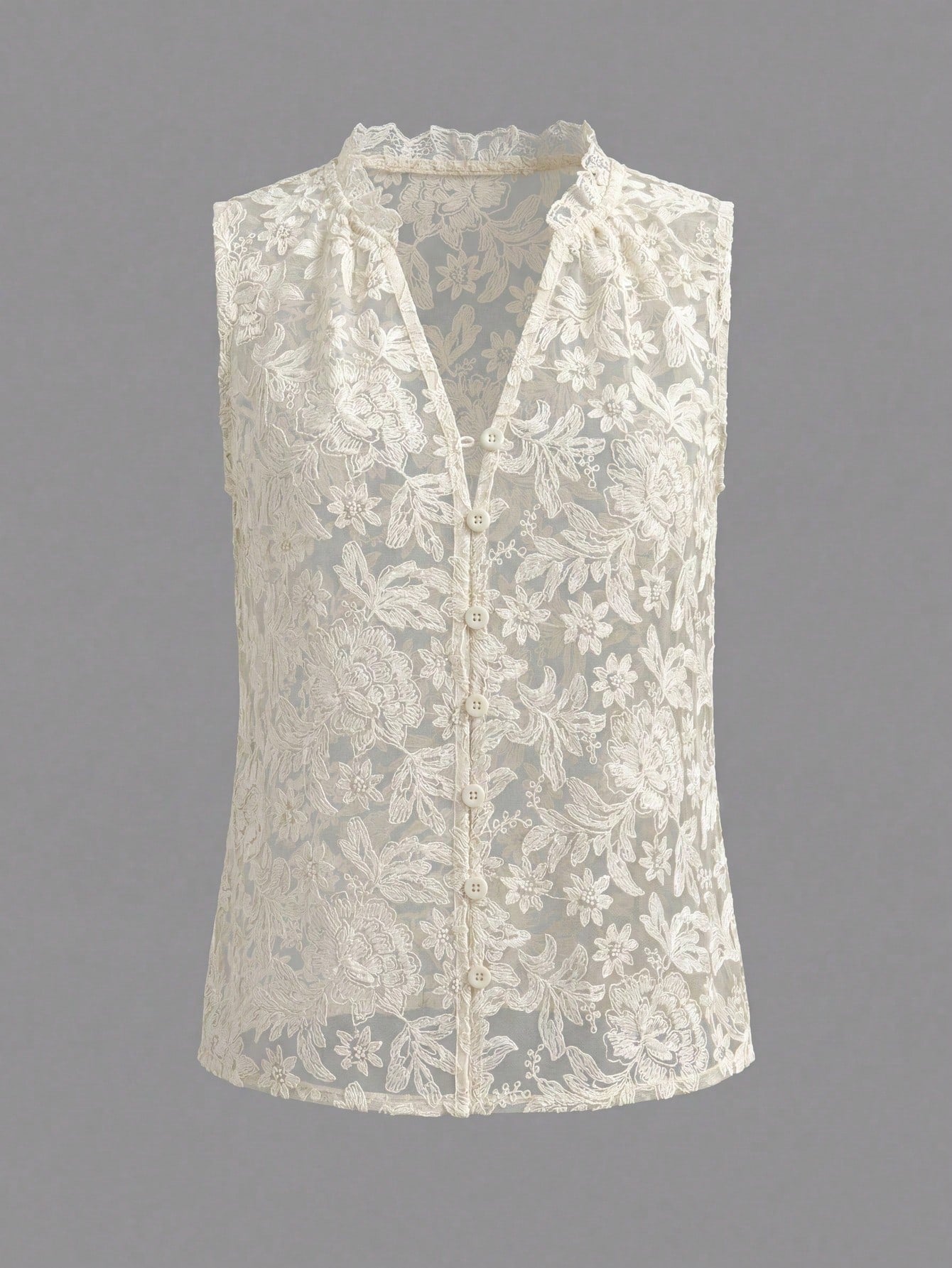 Women's Elegant Casual Fashion Sexy Embroidered Sleeveless Deep V-Neck Tank Top- Mesh Embroidered Fabric, Button Front, Deep V, Non-Stretch Summer, Coquette