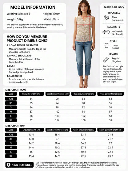 Women's Elegant Casual Fashion Sexy Embroidered Sleeveless Deep V-Neck Tank Top- Mesh Embroidered Fabric, Button Front, Deep V, Non-Stretch Summer, Coquette