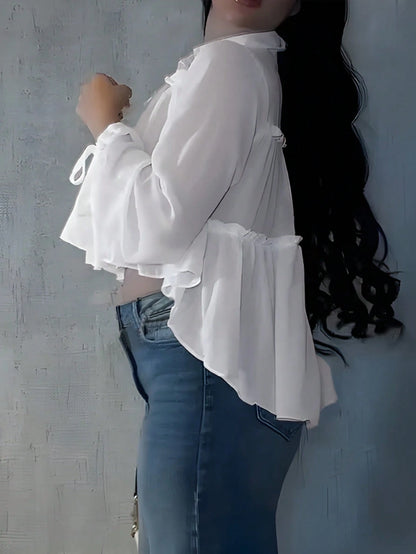 Women's Elegant Casual Shirt, Asymmetrical Design, Lapel Tie Lantern Sleeve Loose Shirt, Solid Color Woven Fabric Pleated Hem, Elegant For Daily, Date, Vacation, Spring/Summer White