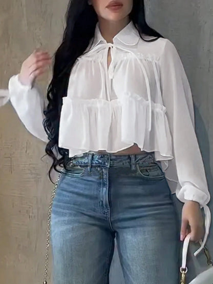 Women's Elegant Casual Shirt, Asymmetrical Design, Lapel Tie Lantern Sleeve Loose Shirt, Solid Color Woven Fabric Pleated Hem, Elegant For Daily, Date, Vacation, Spring/Summer White