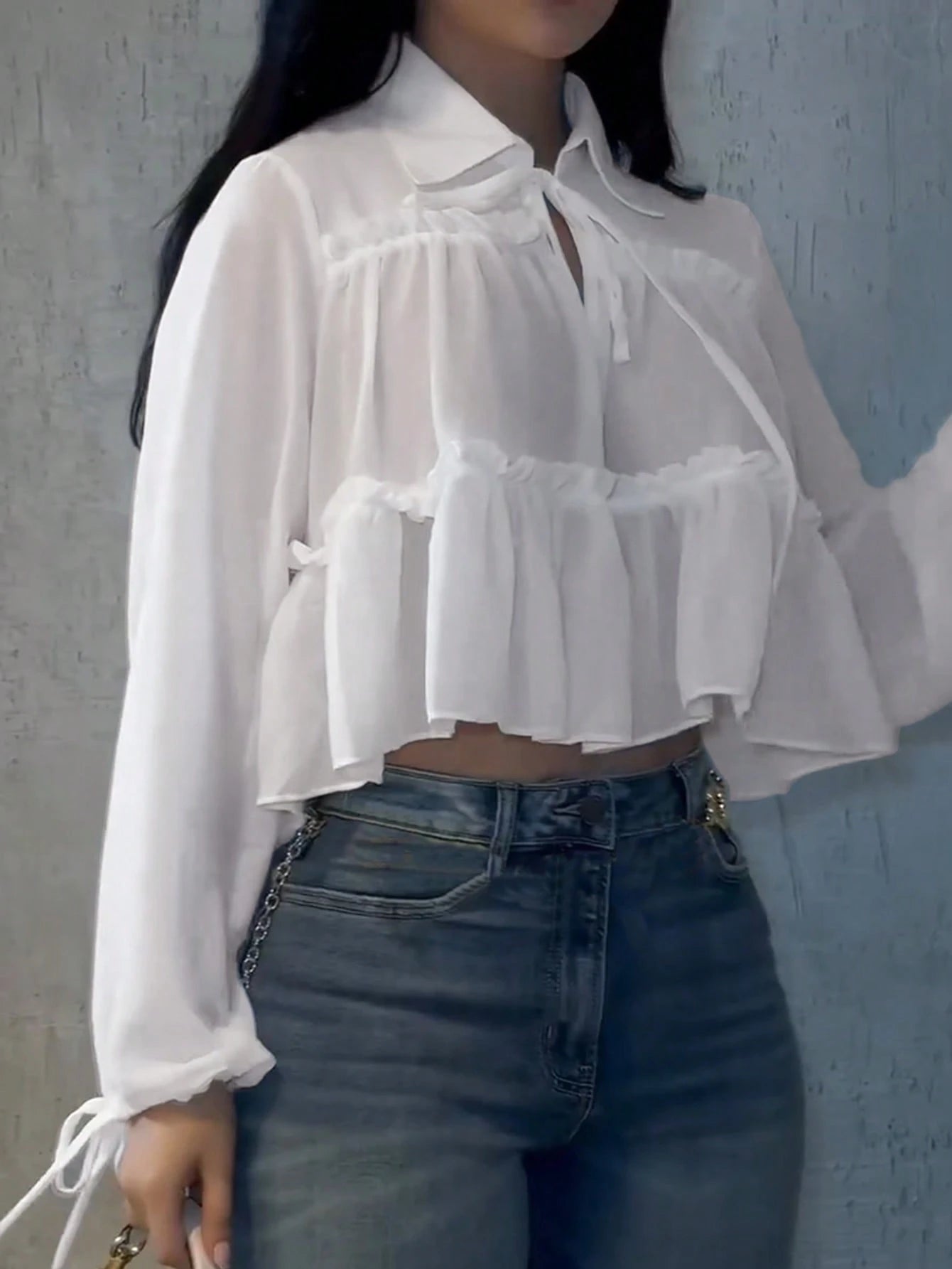 Women's Elegant Casual Shirt, Asymmetrical Design, Lapel Tie Lantern Sleeve Loose Shirt, Solid Color Woven Fabric Pleated Hem, Elegant For Daily, Date, Vacation, Spring/Summer White