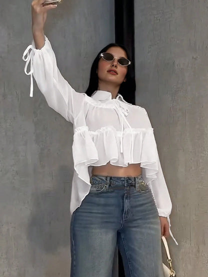 Women's Elegant Casual Shirt, Asymmetrical Design, Lapel Tie Lantern Sleeve Loose Shirt, Solid Color Woven Fabric Pleated Hem, Elegant For Daily, Date, Vacation, Spring/Summer White