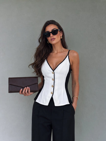 Women's Elegant Casual White & Black V-Neck Camisole Shirt, Suitable For Party, Business And Office Wear Summer