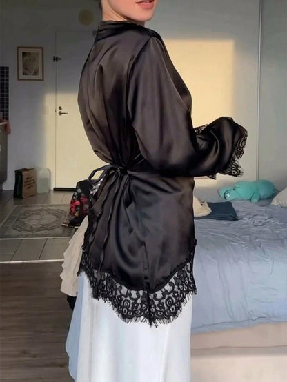 Women's Elegant Commuter Satin Blouse, Lace Patchwork Round Neck Long Sleeve Tie Waist Top, Solid Woven Fabric Lace Patchwork Asymmetric/Asymmetric Elegant Office Daily Date (White Semi-Sheer) Black