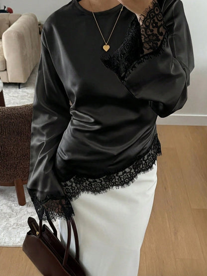 Women's Elegant Commuter Satin Blouse, Lace Patchwork Round Neck Long Sleeve Tie Waist Top, Solid Woven Fabric Lace Patchwork Asymmetric/Asymmetric Elegant Office Daily Date (White Semi-Sheer) Black