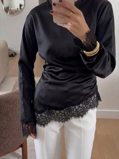 Women's Elegant Commuter Satin Blouse, Lace Patchwork Round Neck Long Sleeve Tie Waist Top, Solid Woven Fabric Lace Patchwork Asymmetric/Asymmetric Elegant Office Daily Date (White Semi-Sheer) Black