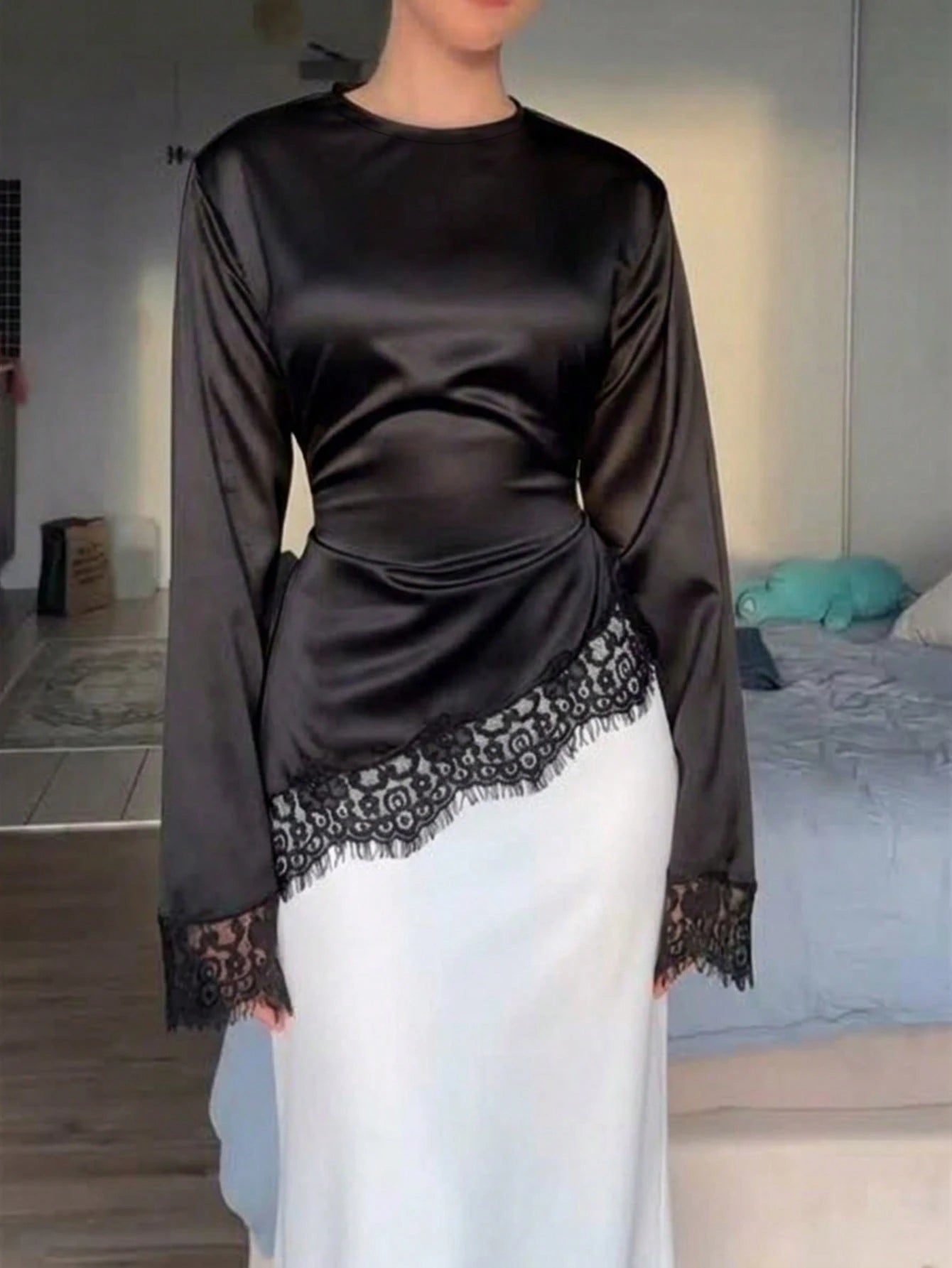Women's Elegant Commuter Satin Blouse, Lace Patchwork Round Neck Long Sleeve Tie Waist Top, Solid Woven Fabric Lace Patchwork Asymmetric/Asymmetric Elegant Office Daily Date (White Semi-Sheer) Black