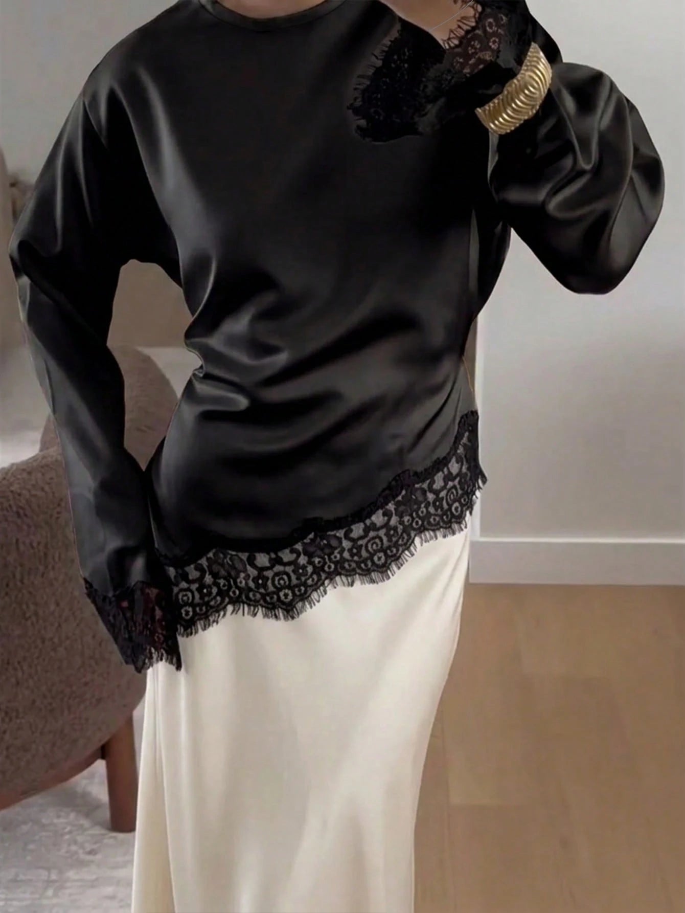 Women's Elegant Commuter Satin Blouse, Lace Patchwork Round Neck Long Sleeve Tie Waist Top, Solid Woven Fabric Lace Patchwork Asymmetric/Asymmetric Elegant Office Daily Date (White Semi-Sheer) Black
