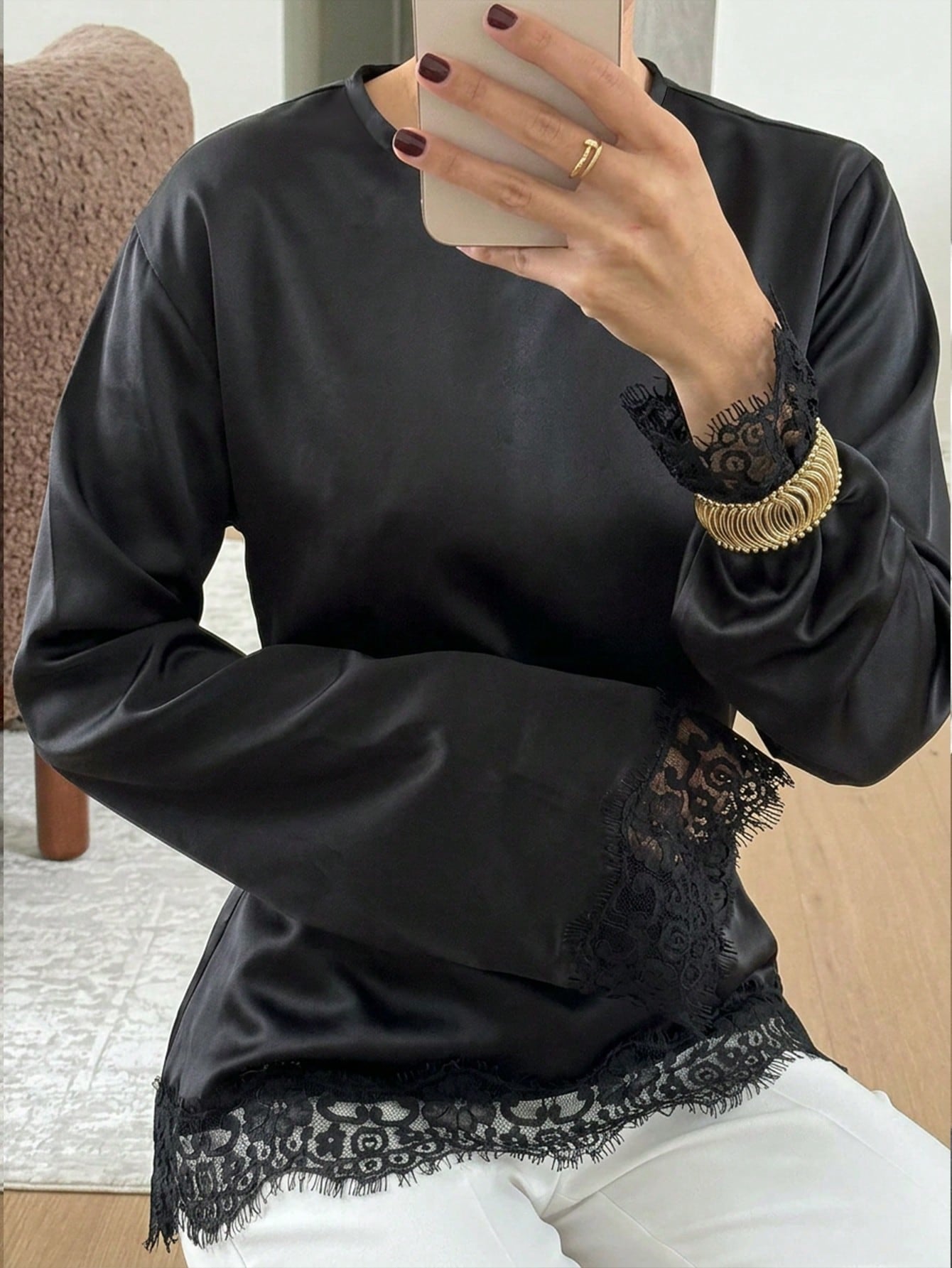 Women's Elegant Commuter Satin Blouse, Lace Patchwork Round Neck Long Sleeve Tie Waist Top, Solid Woven Fabric Lace Patchwork Asymmetric/Asymmetric Elegant Office Daily Date (White Semi-Sheer) Black