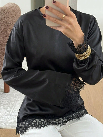 Women's Elegant Commuter Satin Blouse, Lace Patchwork Round Neck Long Sleeve Tie Waist Top, Solid Woven Fabric Lace Patchwork Asymmetric/Asymmetric Elegant Office Daily Date (White Semi-Sheer) Black