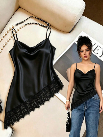 Women's Elegant Lace Casual Satin Black Camisole Top, Black Elegant Cami Top, Commuter, Social