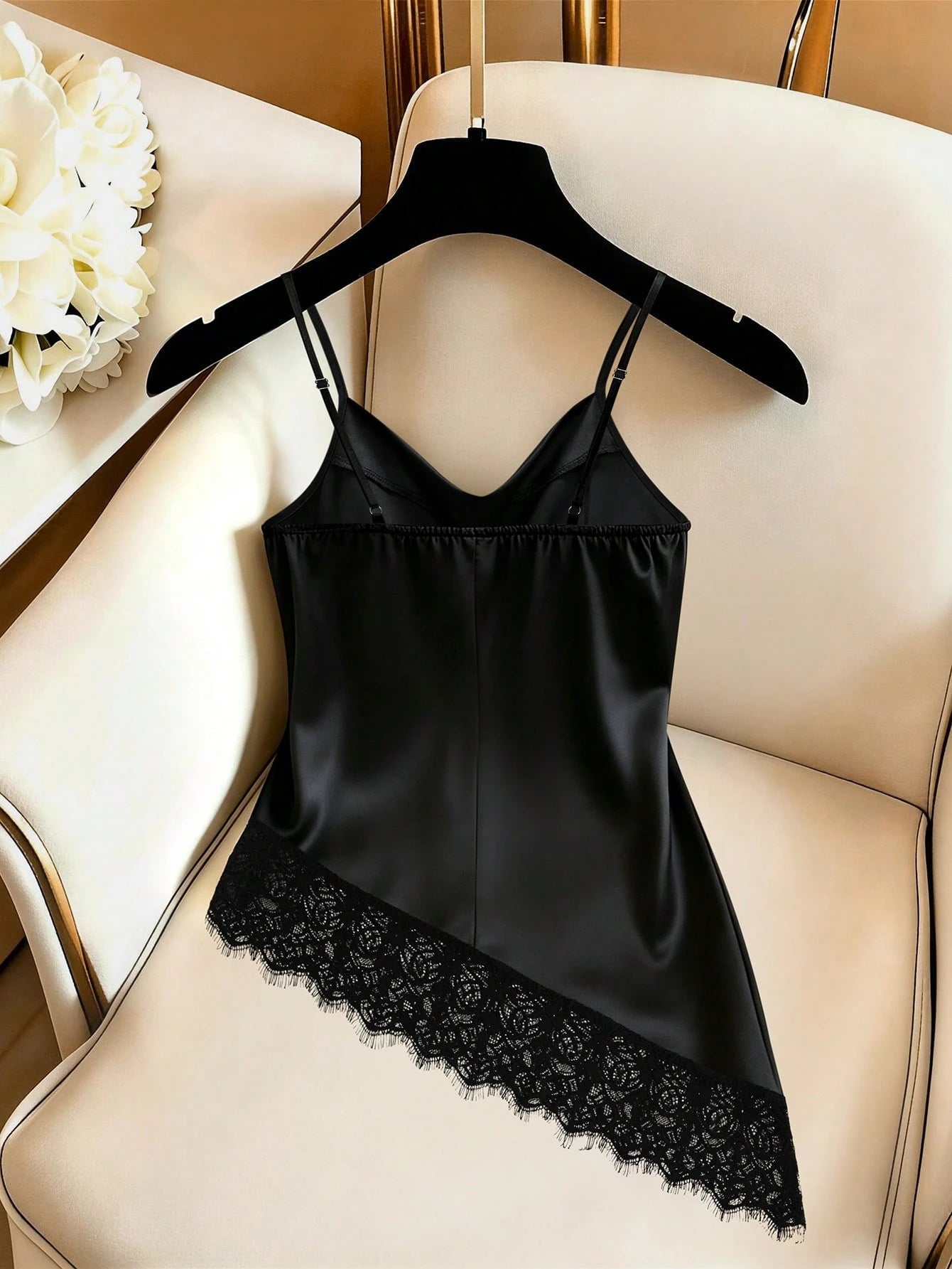 Women's Elegant Lace Casual Satin Black Camisole Top, Black Elegant Cami Top, Commuter, Social