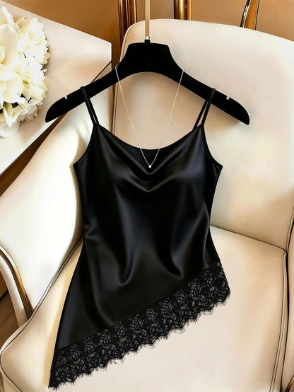 Women's Elegant Lace Casual Satin Black Camisole Top, Black Elegant Cami Top, Commuter, Social