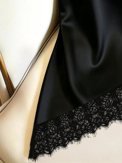 Women's Elegant Lace Casual Satin Black Camisole Top, Black Elegant Cami Top, Commuter, Social