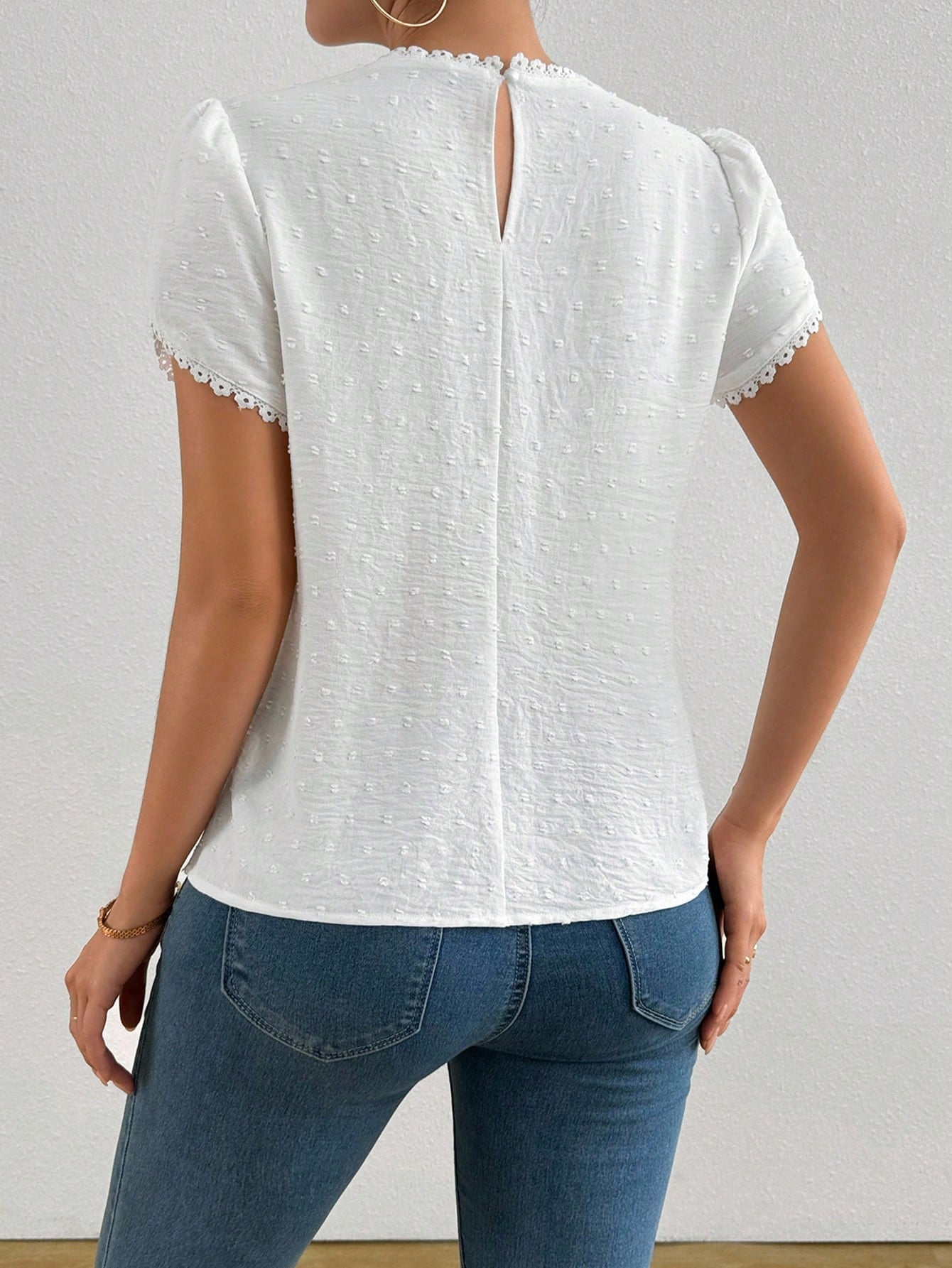 Women's Elegant Plain Color Laser Cut Fabric Frill Trim Peplum Sleeve Shirt White Blouse