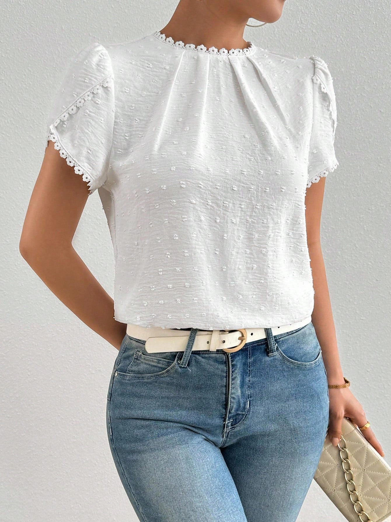 Women's Elegant Plain Color Laser Cut Fabric Frill Trim Peplum Sleeve Shirt White Blouse