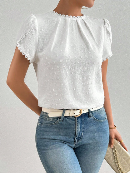 Women's Elegant Plain Color Laser Cut Fabric Frill Trim Peplum Sleeve Shirt White Blouse