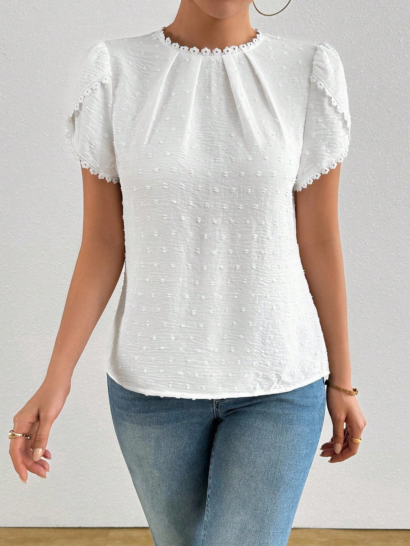 Women's Elegant Plain Color Laser Cut Fabric Frill Trim Peplum Sleeve Shirt White Blouse