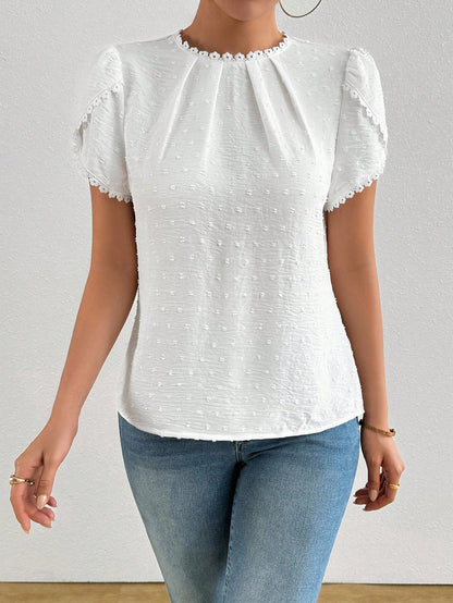 Women's Elegant Plain Color Laser Cut Fabric Frill Trim Peplum Sleeve Shirt White Blouse