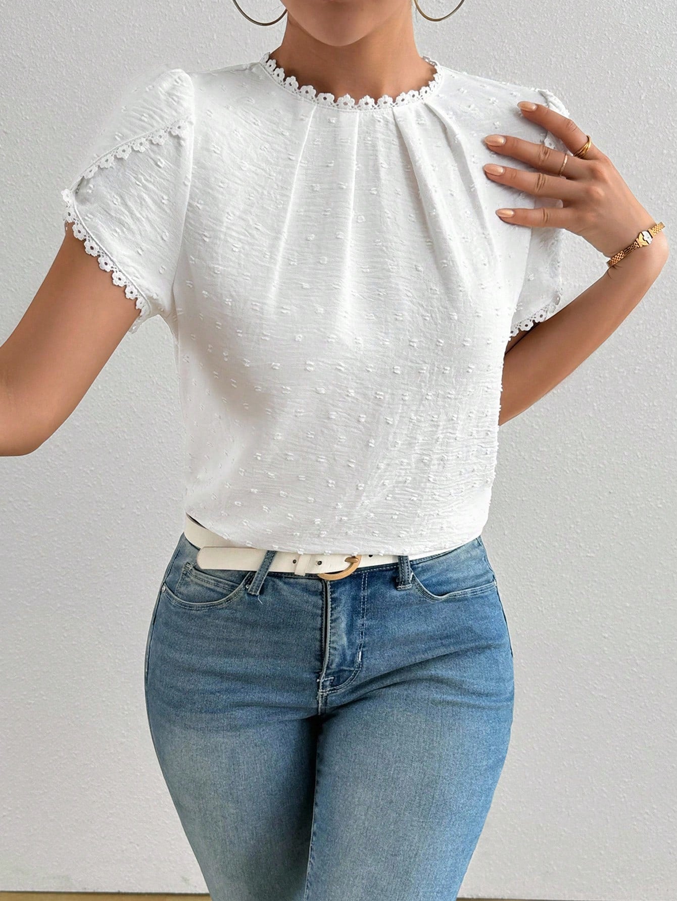 Women's Elegant Plain Color Laser Cut Fabric Frill Trim Peplum Sleeve Shirt White Blouse
