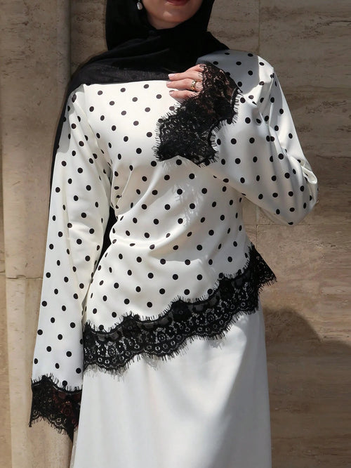 Women's Elegant Satin Polka Dot Lace Patchwork Asymmetrical Tie Waist Round Neck Long Sleeve Top, Commute & White Vacation