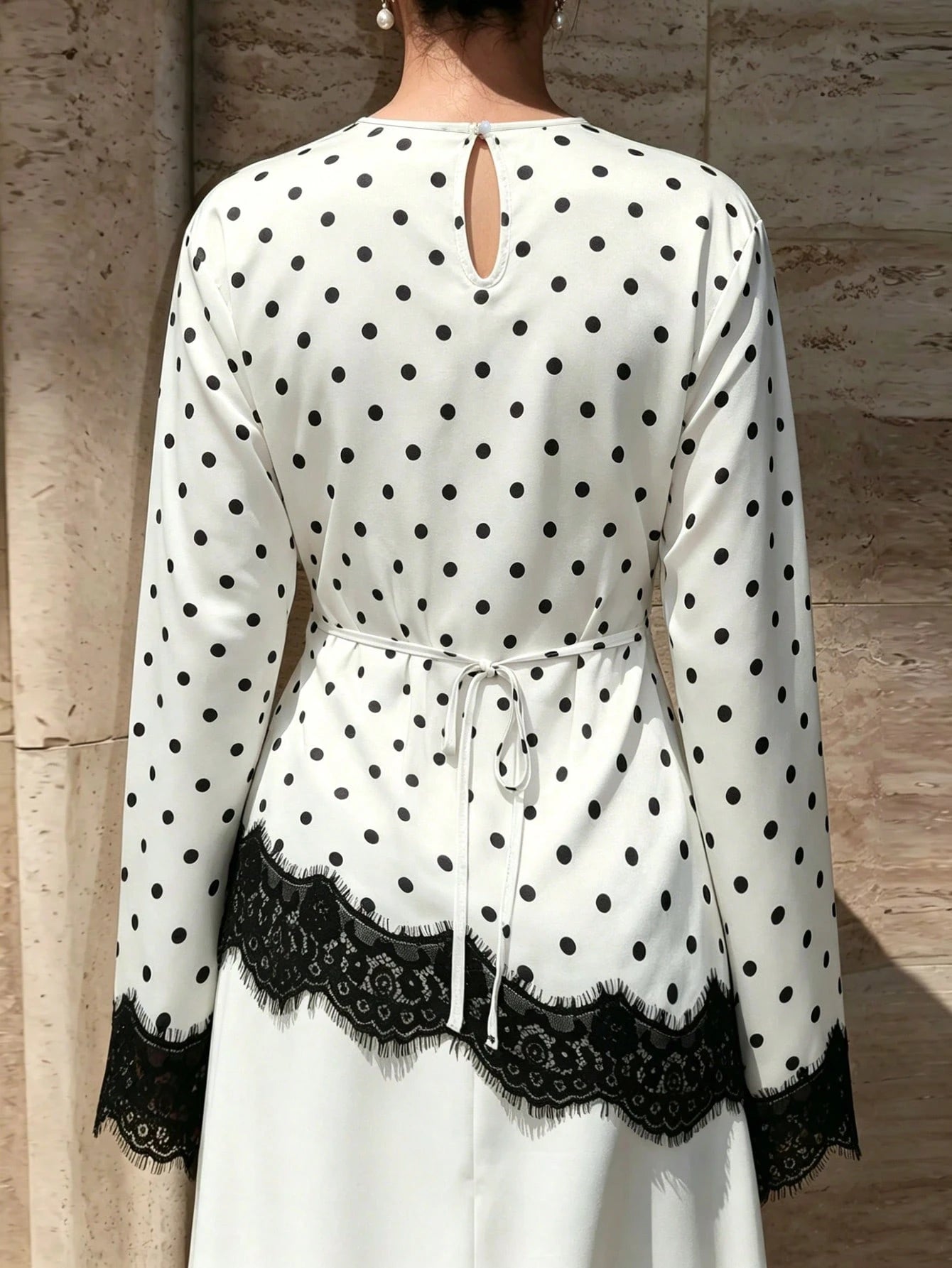Women's Elegant Satin Polka Dot Lace Patchwork Asymmetrical Tie Waist Round Neck Long Sleeve Top, Commute & White Vacation