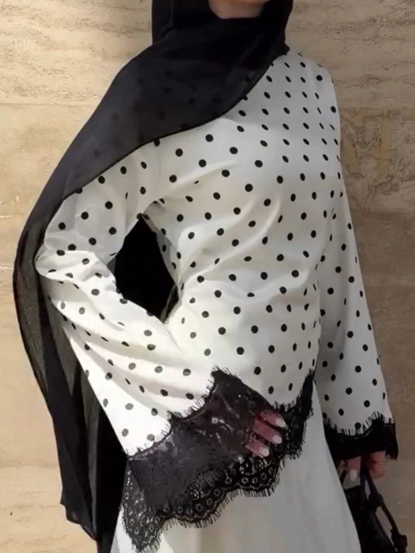 Women's Elegant Satin Polka Dot Lace Patchwork Asymmetrical Tie Waist Round Neck Long Sleeve Top, Commute & White Vacation