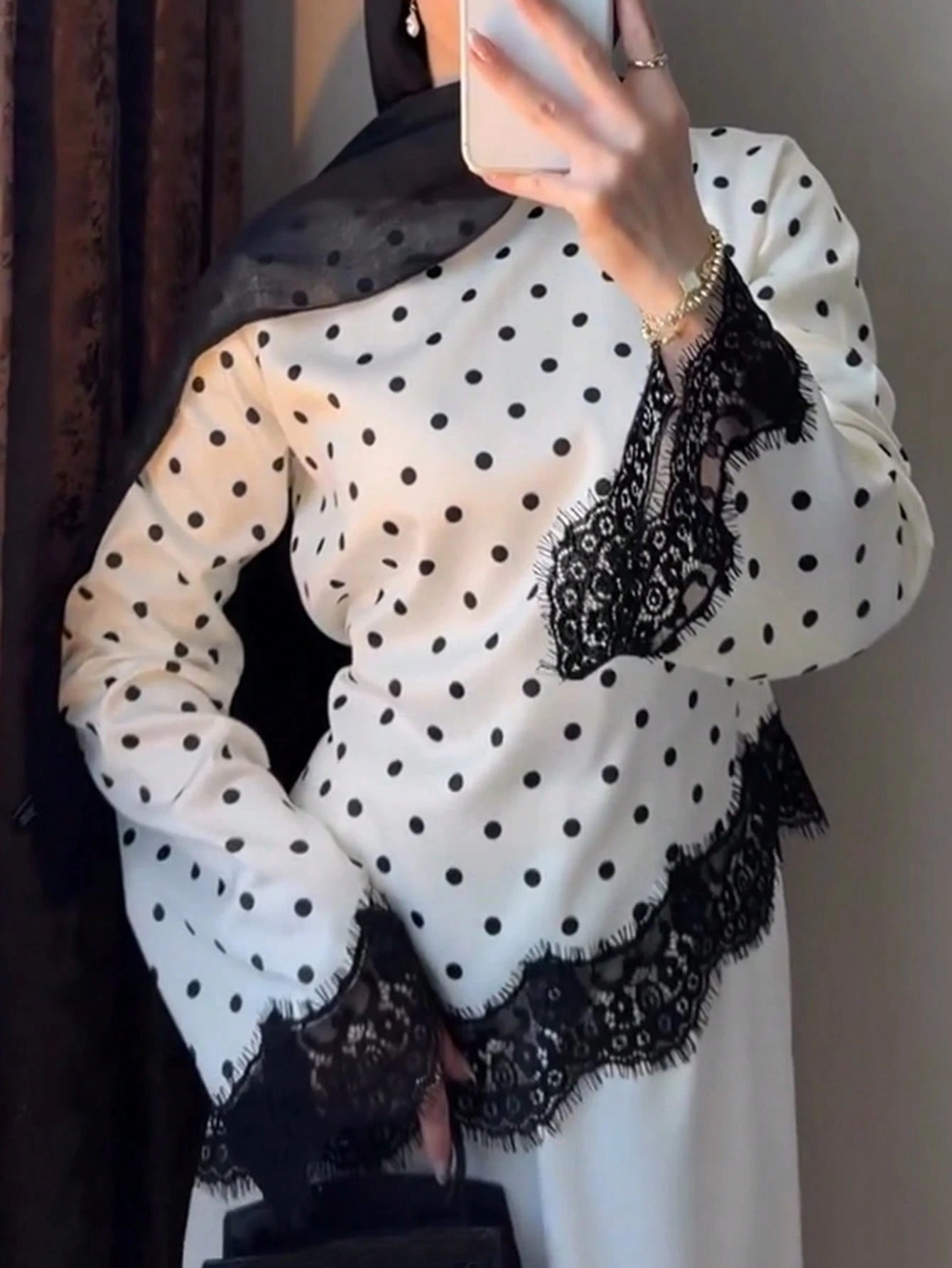 Women's Elegant Satin Polka Dot Lace Patchwork Asymmetrical Tie Waist Round Neck Long Sleeve Top, Commute & White Vacation