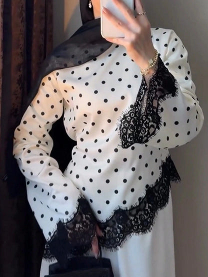 Women's Elegant Satin Polka Dot Lace Patchwork Asymmetrical Tie Waist Round Neck Long Sleeve Top, Commute & White Vacation
