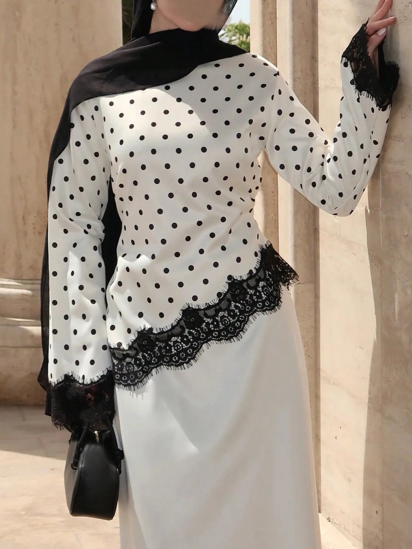 Women's Elegant Satin Polka Dot Lace Patchwork Asymmetrical Tie Waist Round Neck Long Sleeve Top, Commute & White Vacation