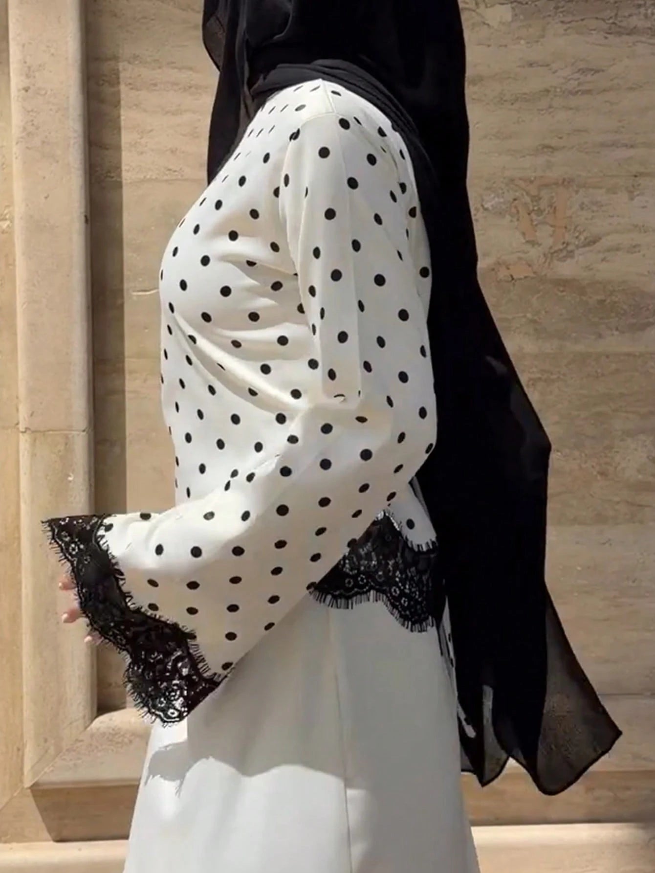 Women's Elegant Satin Polka Dot Lace Patchwork Asymmetrical Tie Waist Round Neck Long Sleeve Top, Commute & White Vacation