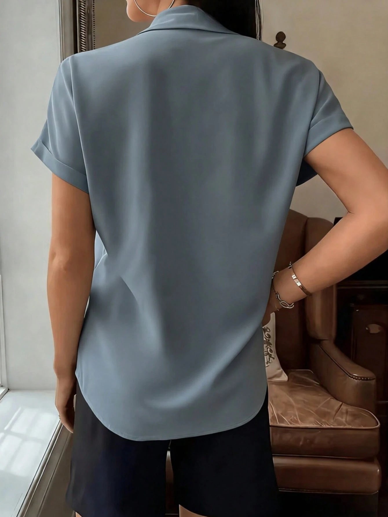 Women's Elegant White Short Sleeve Shirt With Collar Button, Regular Length Top Summer
