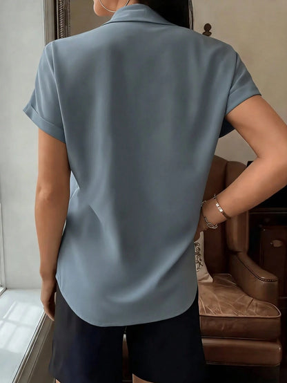 Women's Elegant White Short Sleeve Shirt With Collar Button, Regular Length Top Summer
