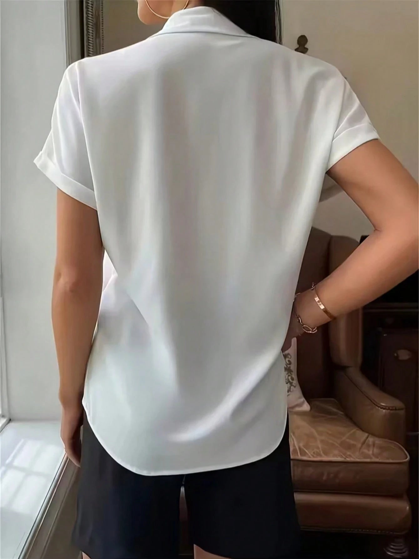 Women's Elegant White Short Sleeve Shirt With Collar Button, Regular Length Top Summer