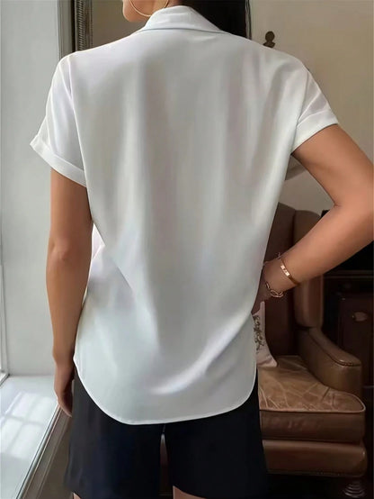 Women's Elegant White Short Sleeve Shirt With Collar Button, Regular Length Top Summer