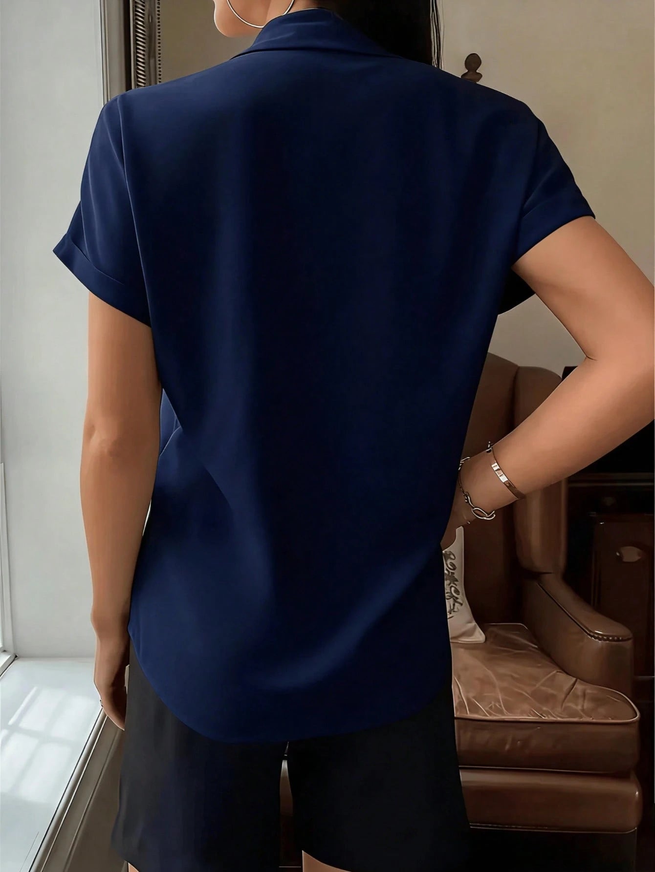 Women's Elegant White Short Sleeve Shirt With Collar Button, Regular Length Top Summer