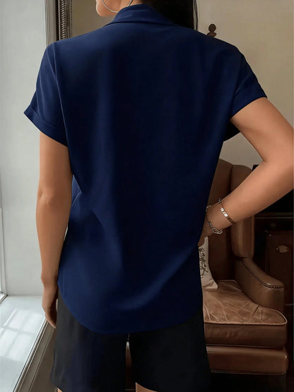 Women's Elegant White Short Sleeve Shirt With Collar Button, Regular Length Top Summer