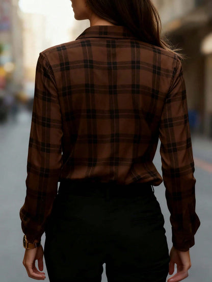 Women's Essential Red Plaid Polyester Shirt, Long Regular Sleeve, Button Detail Design, Casual Autumn Style Spring