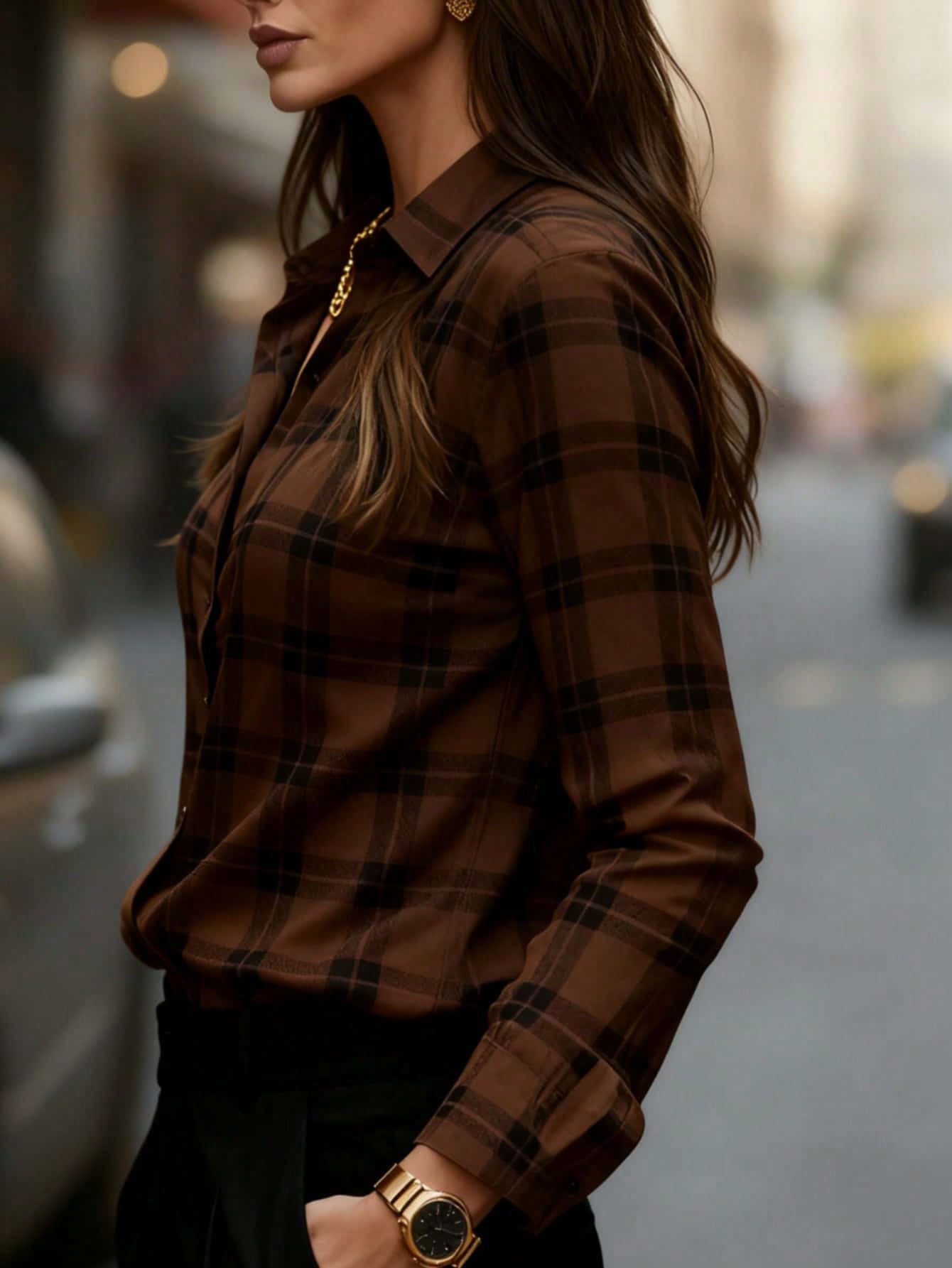 Women's Essential Red Plaid Polyester Shirt, Long Regular Sleeve, Button Detail Design, Casual Autumn Style Spring